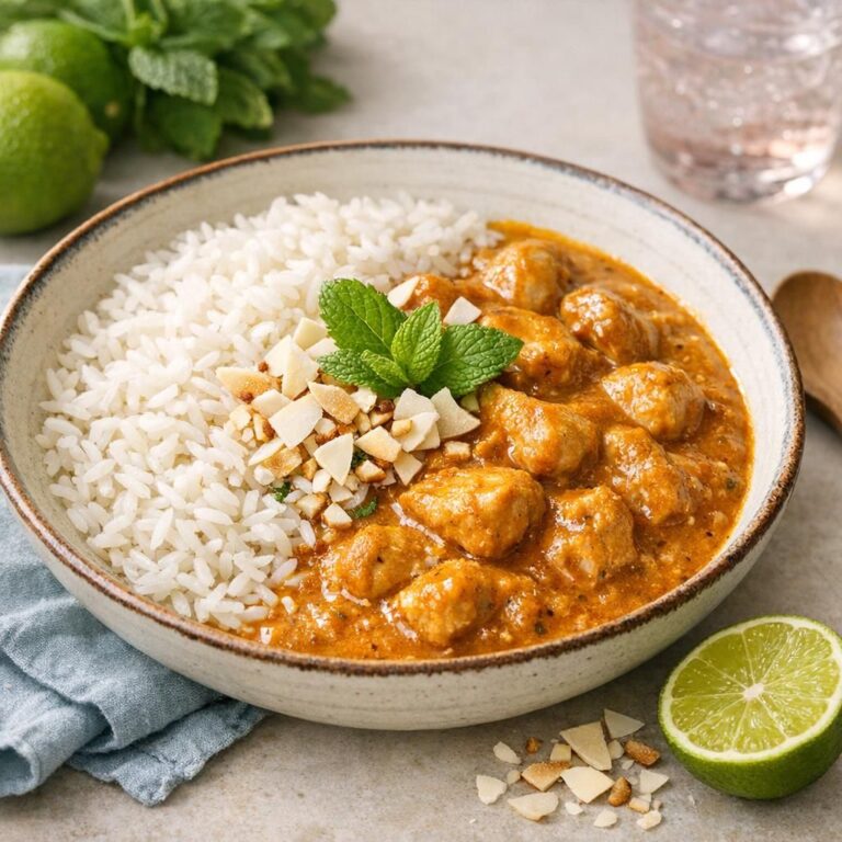 { "alt_text": "Hvid skål med basmatiris og cremet kylling korma i gylden sauce, toppet med kokosflager, mynte og lime", "file_name": "cremet-kylling-korma-med-ris-3842" }