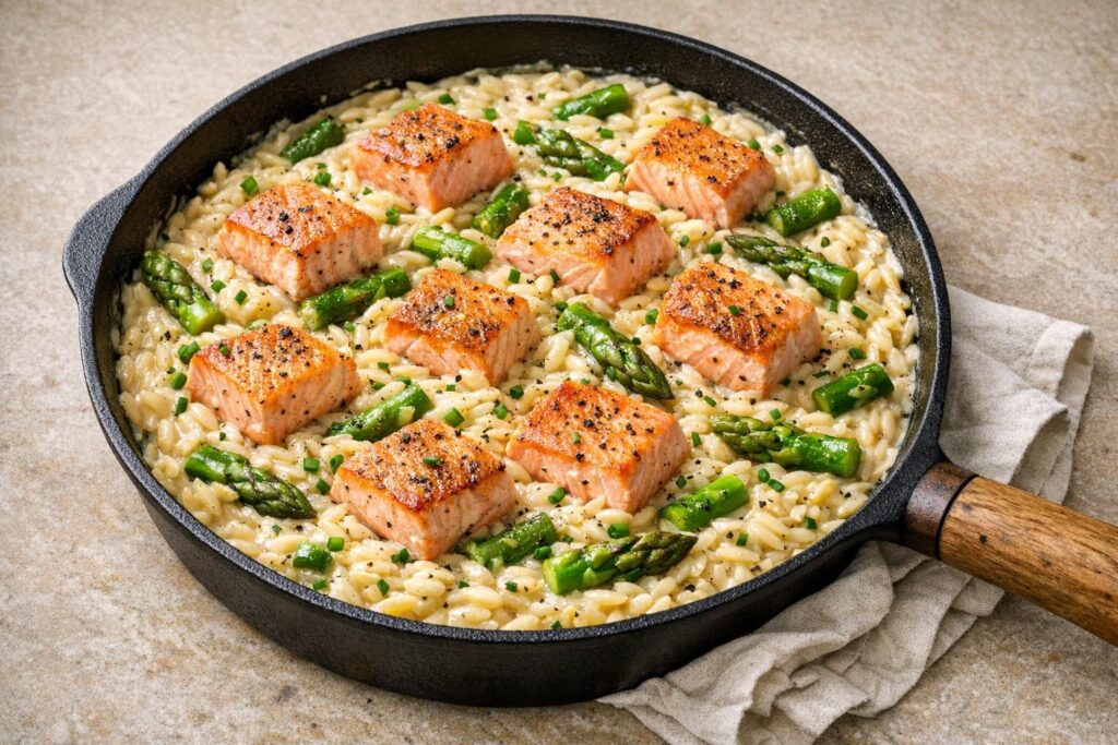 Cremet orzo med citron, asparges og sprød laks