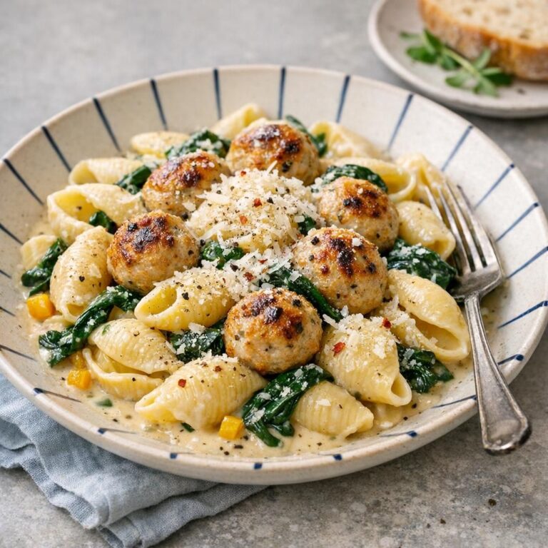 { "alt_text": "Cremet conchiglie-pasta med kyllingeboller, spinat og parmesan i hvid skål, let drysset med chiliflager", "file_name": "cremet-pasta-med-kyllingeboller-og-spinat-4827" }