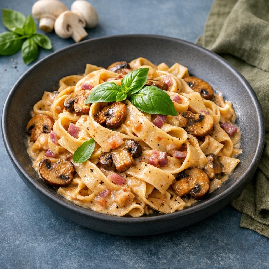 Cremet pasta med svampe og basilikum