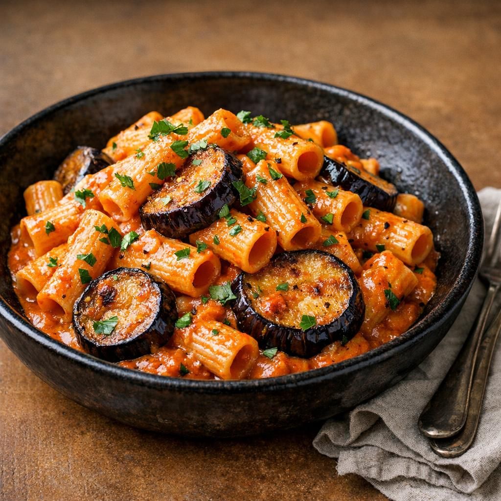 Cremet pasta med vodka og aubergine