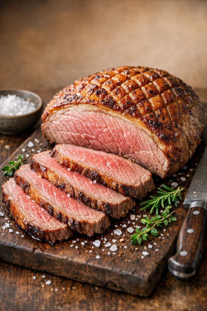 { "alt_text": "Perfekt rosa culottesteg skåret i skiver mod fibrene på mørkt skærebræt med sprød fedtkant, groft salt og timian/rosmarin", "file_name": "culottesteg-cuvettesteg-perfekt-rosa" }