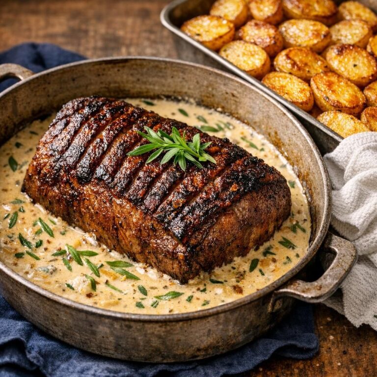 { "alt_text": "Culottesteg med krydssnittet, gyldenbrunt fedtlag i estragonfløde i hvidt ovnfad; sprøde ovnristede kartofler i baggrunden", "file_name": "culottesteg-i-estragonflode-med-ovnristede-kartofler-4732" }