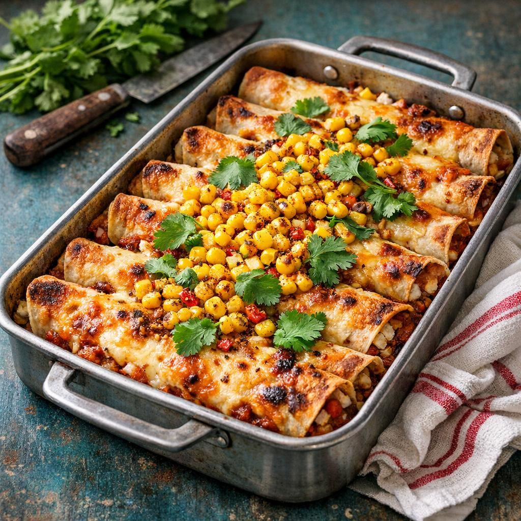 Enchiladas med oksekød, hytteost og ristet majs