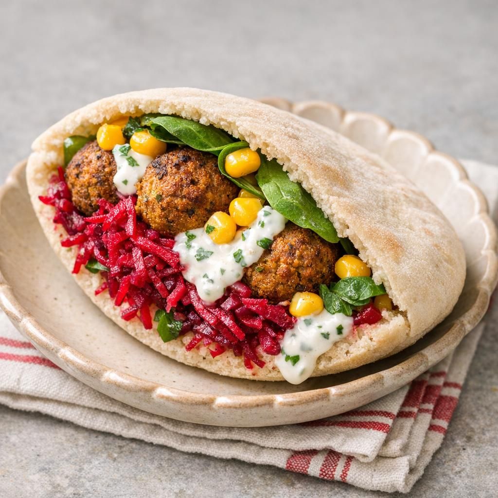 Falafelpita med rødbede, majs og myntedressing