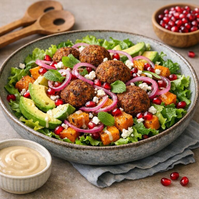 { "alt_text": "Falafelsalat med bagt græskar, avocado, syltet rødløg, granatæble og tahindressing på hvid tallerken", "file_name": "falafelsalat-med-bagt-graeskar-og-tahindressing-5832" }