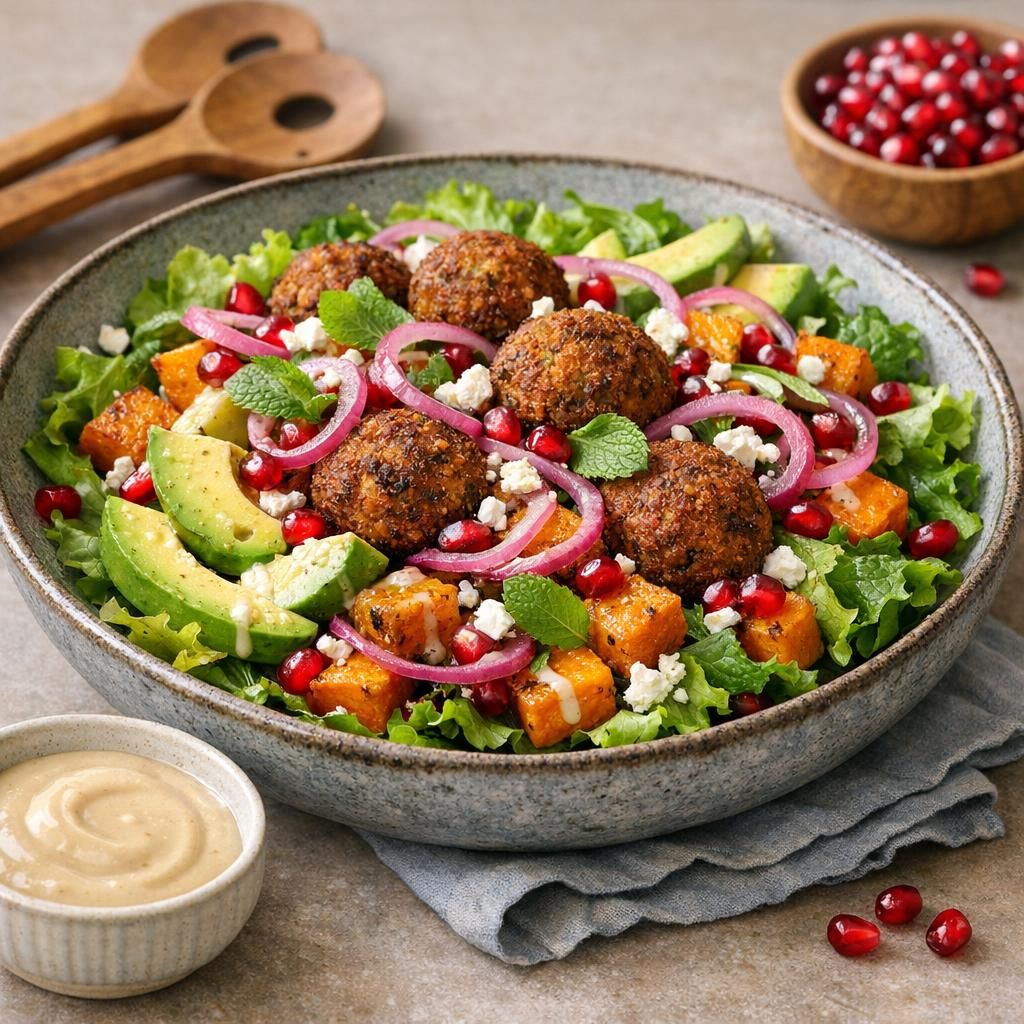 Falafelsalat med bagt græskar og tahindressing