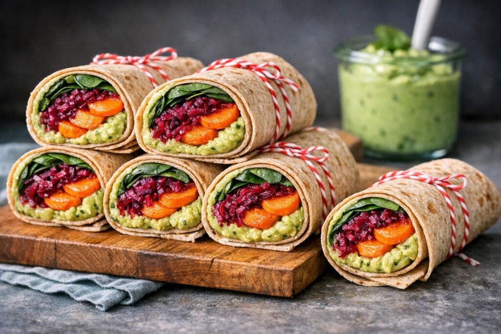 Farverige wraps med edamamehummus