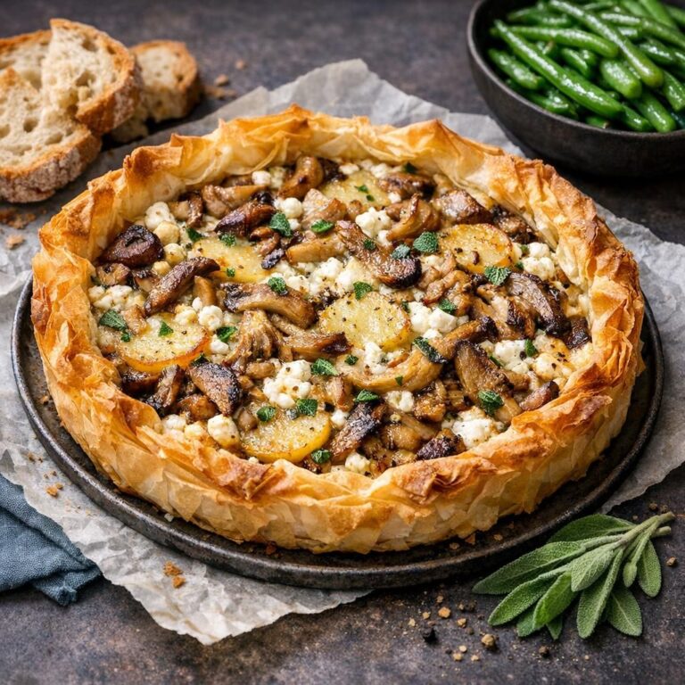 { "alt_text": "Filotærte med svampe og hytteost på bageplade: sprød filodej med blandede svampe, tynde kartofler, hytteost, mozzarella og salvie; grønne bønner og brød i baggrunden", "file_name": "filotaerte-med-svampe-og-hytteost-4387" }