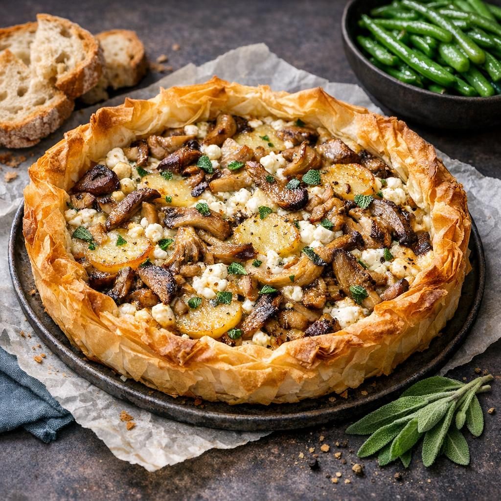 Filotærte med svampe og hytteost