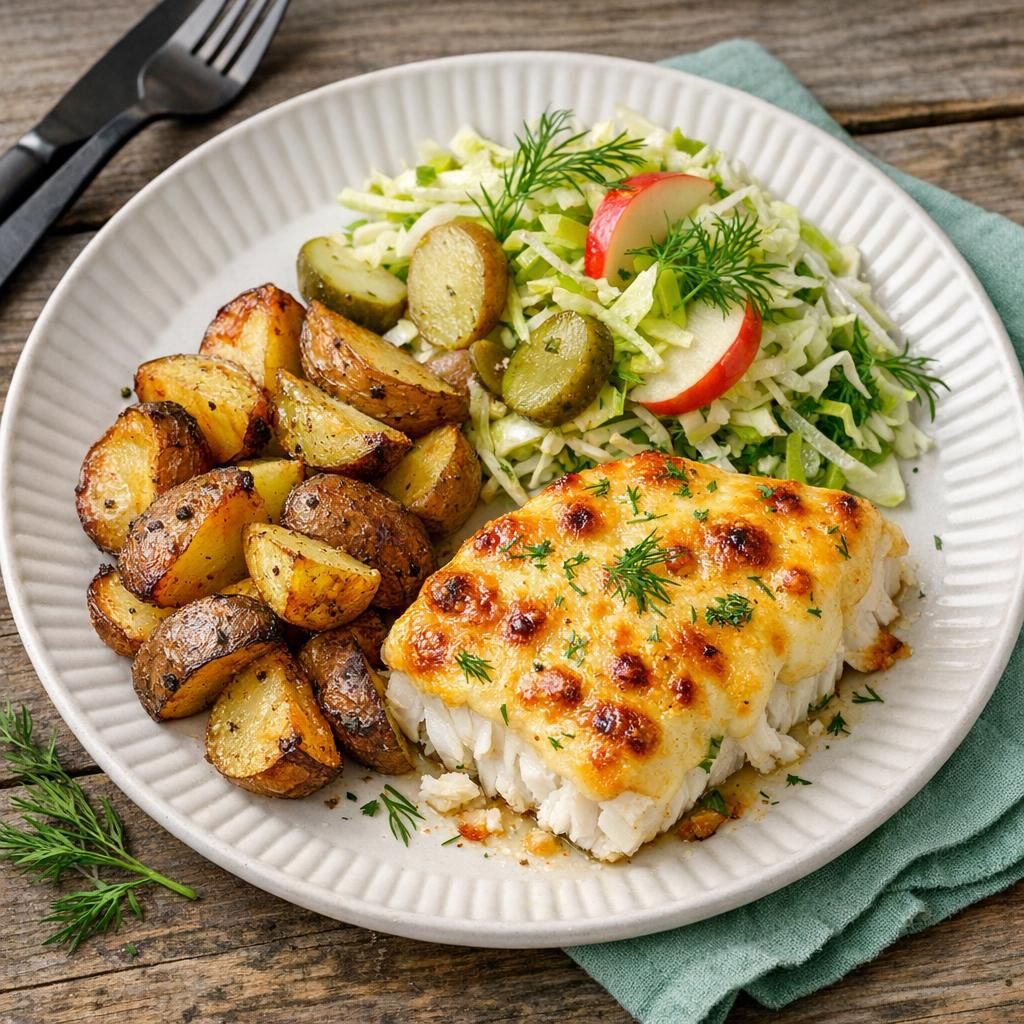 Fisk med ostegratineret låg og ovnbagte kartofler