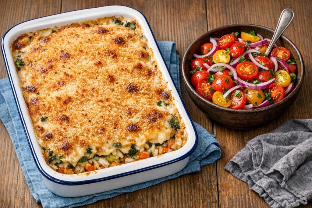 Fiskelasagne med porrer, spinat og tomatsalat