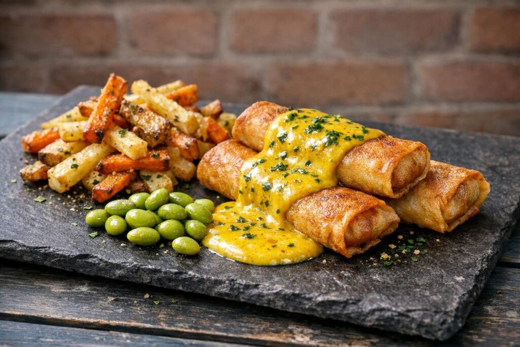 Forårsruller med mild karrysauce, rodfrugter og sojabønner