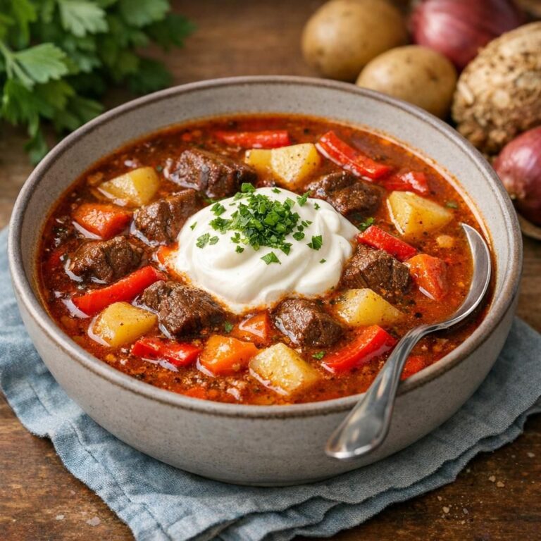 { "alt_text": "Skål med fyldig gullashsuppe med mørkt oksekød, kartofler og rodfrugter, toppet med creme fraiche og persille; brød anes i baggrunden.", "file_name": "fyldig-gullashsuppe-med-oksekod-og-rodfrugter-4839" }