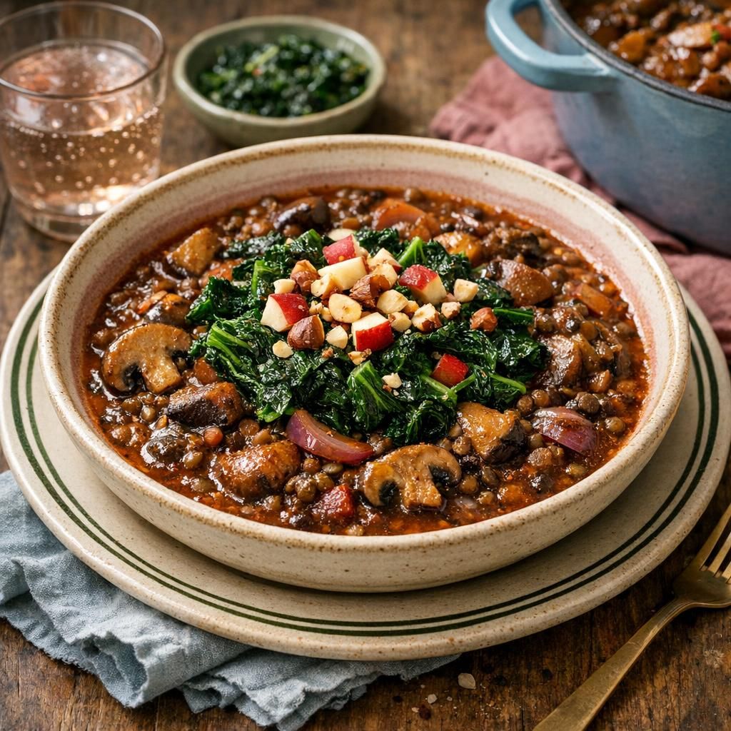 Fyldig svampegryde med linser og palmekål