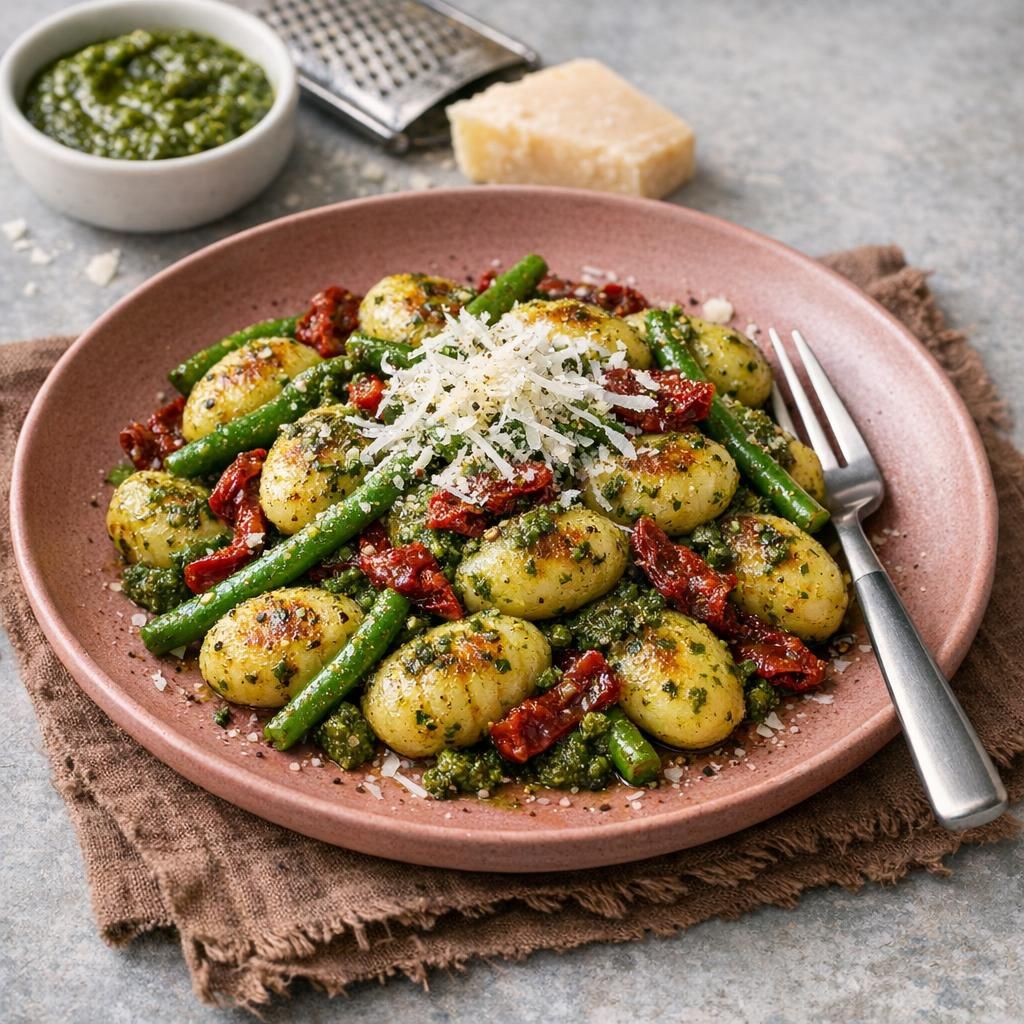 Gnocchi med grøn pesto, bønner og soltørrede tomater