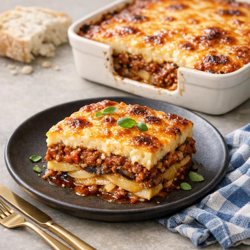 Græsk moussaka med aubergine, kartofler og kødsauce