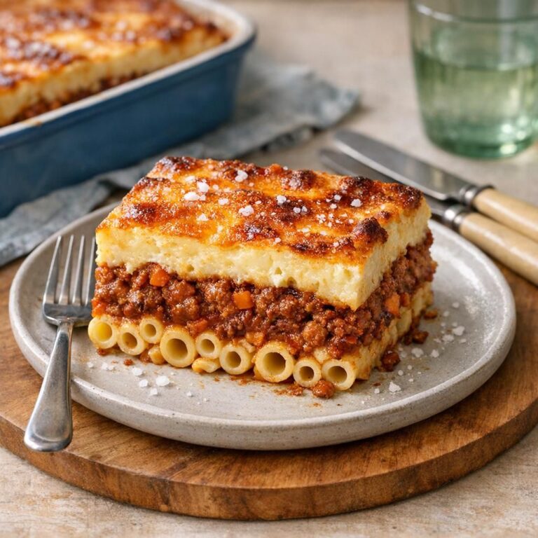 { "alt_text": "Stykke græsk pastitsio på hvid tallerken med tydelige lag af pasta, rød kødsauce og gylden bechamel, set skråt oppefra i blødt lys", "file_name": "graesk-pastitsio-lag-med-koedsauce-pasta-og-bechamel-4927" }