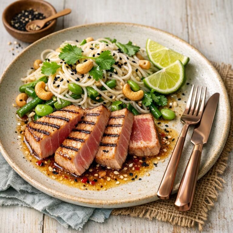 { "alt_text": "Grillet tunbøf i skiver med nudelsalat toppet med edamame, grønne bønner, cashew, koriander og sort sesam, serveret med lime og soja-ingefærsmør", "file_name": "grillet-tunbof-med-nudelsalat-og-soja-ingefaersmor-5392" }