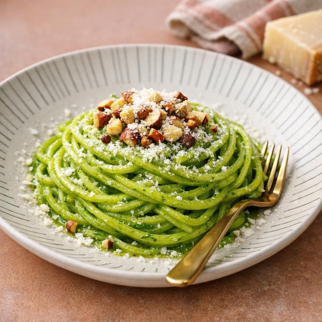 Grøn pasta med parmesan og ristede hasselnødder