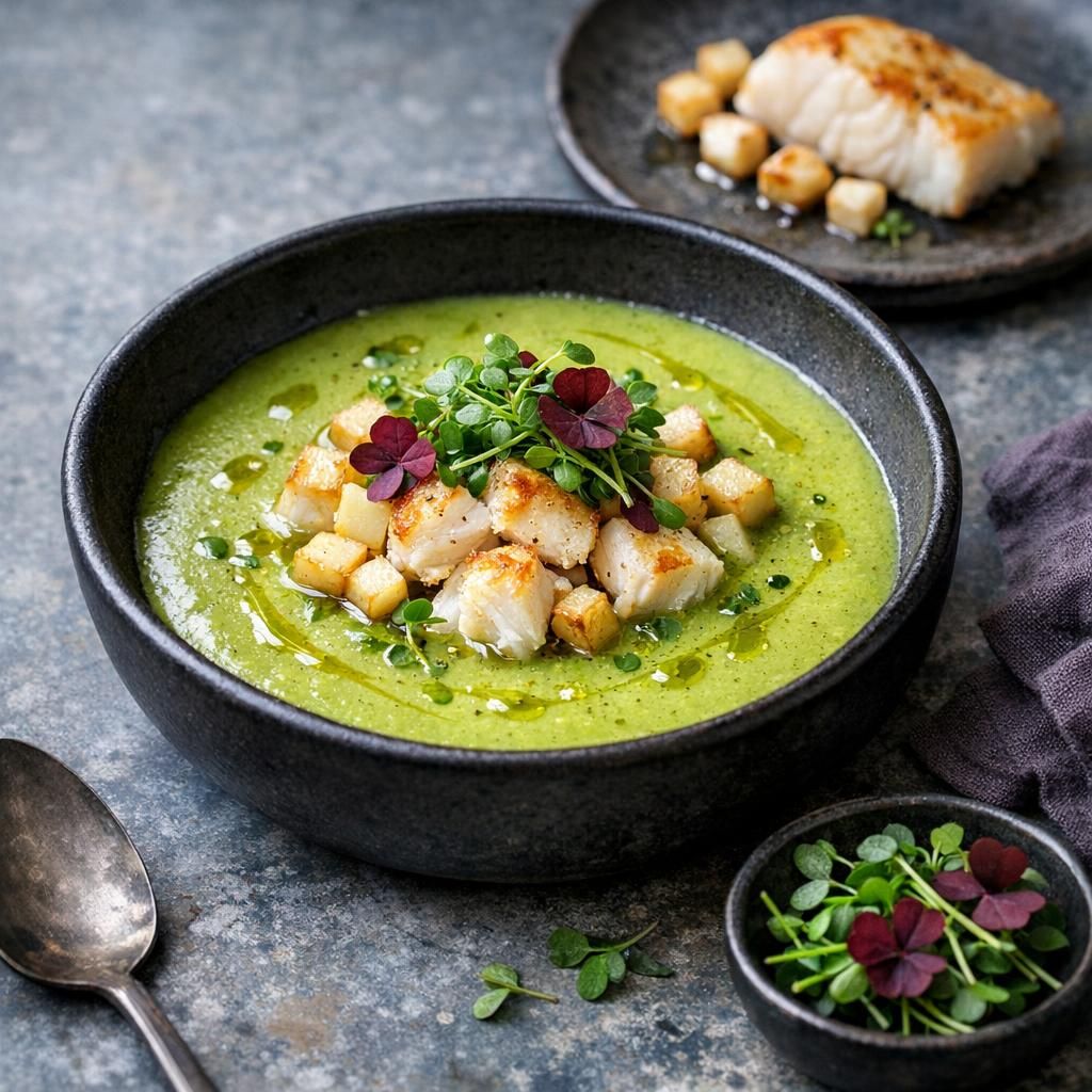 Grøn persillerodssuppe med torsk og karse