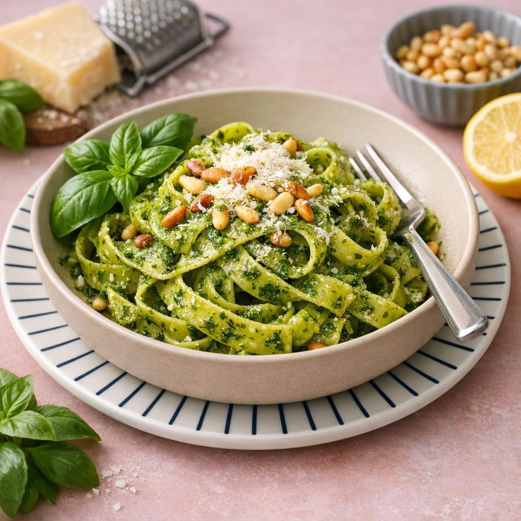 Grøn pesto-pasta med parmesan og pinjekerner