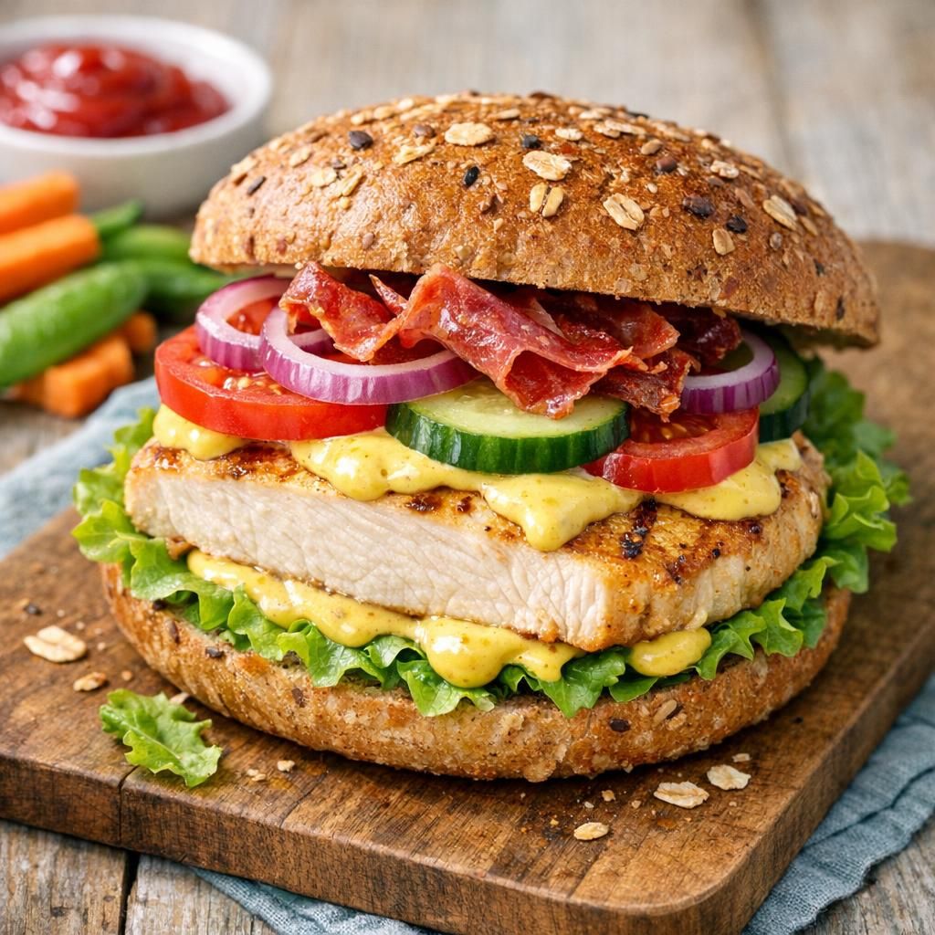 Grov kyllingeburger med sprød skinke og karrydressing