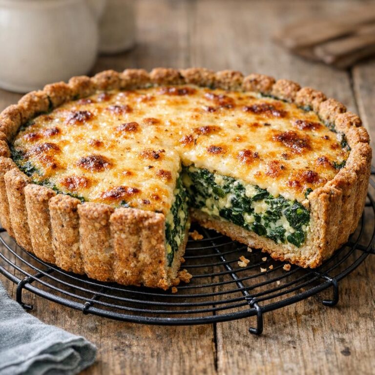 Grov spinattærte med hytteost og ostelåg