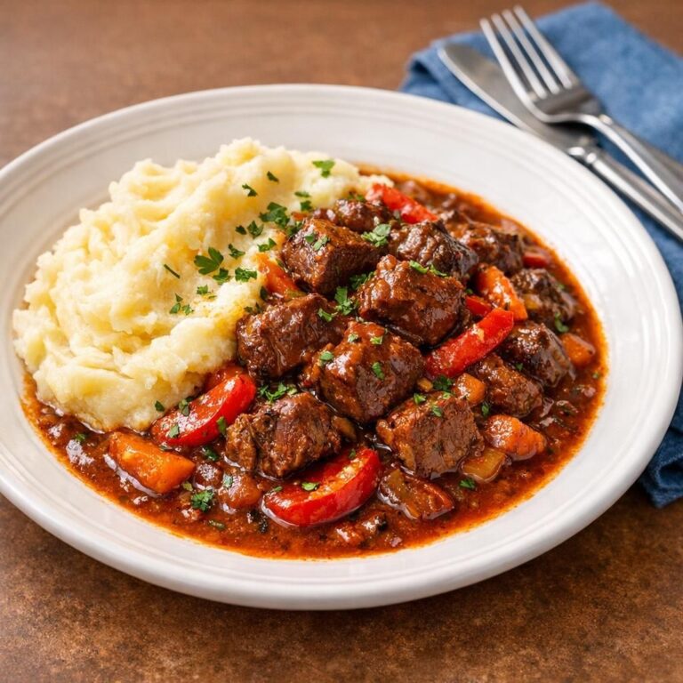 { "alt_text": "Hvid skål med mør gullash i rødbrun sauce med gulerødder og rød peber, serveret med kartoffelmos og persilledrys", "file_name": "gullash-med-kartoffelmos-3847" }