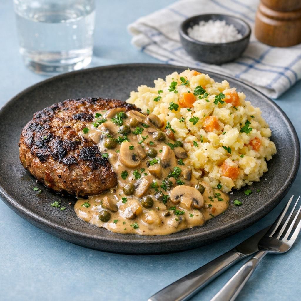 Hakkebøffer med svampe-pebersauce og grov rodfrugtmos