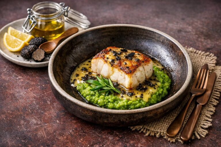 { "alt_text": "Stegt havtaske på lysende grøn ærtepuré med blank trøffelsmør-sauce og trøffelflager på hvid tallerken", "file_name": "havtaske-paa-aertepure-med-troeffelsmoer-4827" }