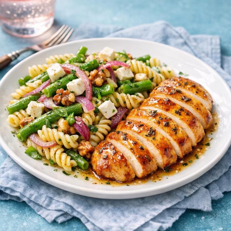 { "alt_text": "Skivet honningtimiankylling med gylden glasur på hvid tallerken ved siden af lun pasta-bønnesalat med rødløg, karamelliserede valnødder og feta i vinaigrette", "file_name": "honningtimiankylling-med-lun-pasta-boennesalat-4827" }