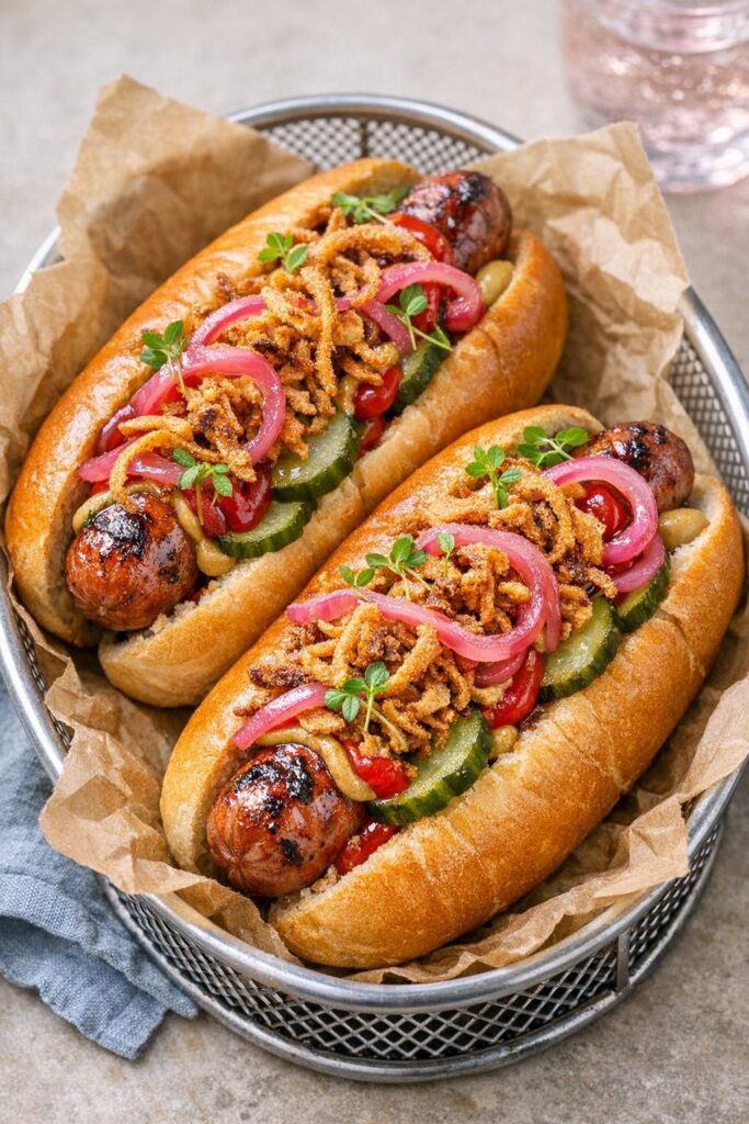 Hotdogs med hjemmelavede ristede løg