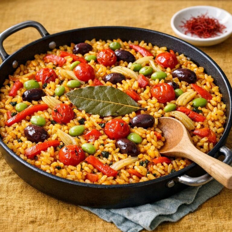 { "alt_text": "Sort sauterpande med gylden-orange paella af rundkornede ris med rød peber, fennikel, cherrytomater, kalamataoliven, edamame og grillede artiskokhjerter", "file_name": "hurtig-krydderipaella-med-groentsager-3847" }
