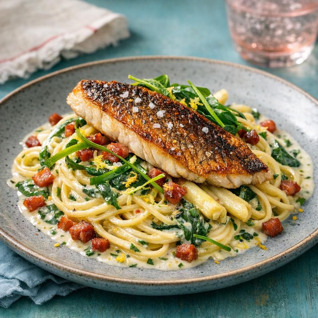 Hvidløgsstegt knurhane med cremet spinatspaghetti