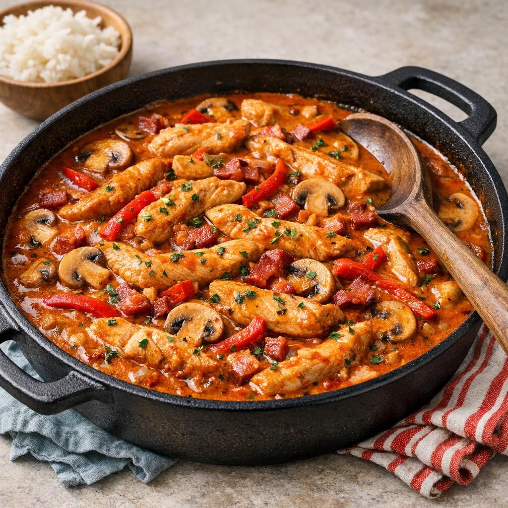 Kalkun-stroganoff med bacon og paprikasauce