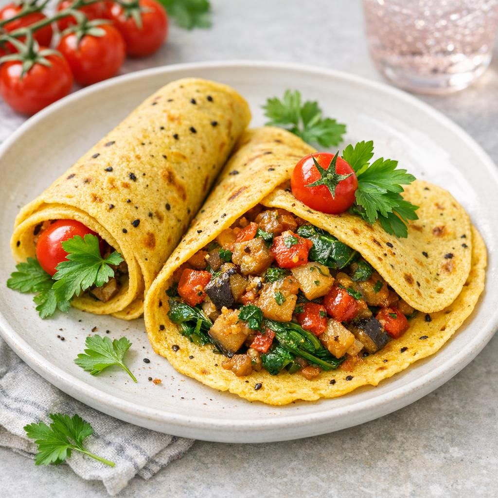 Kikærtepandekager med krydret auberginefyld