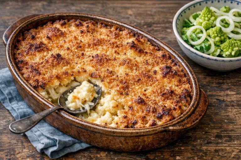 { "alt_text": "Klassisk blomkålsgratin uden kød i hvidt rektangulært fad med gylden, sprød rasp og antydning af blomkålsbuketter", "file_name": "klassisk-blomkalsgratin-uden-kod-3874" }