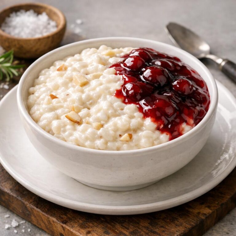 { "alt_text": "Klassisk risalamande med perfekt cremet konsistens og kirsebærsauce på hvid tallerken, tydelige ris og hakkede mandler", "file_name": "klassisk-risalamande-perfekt-cremet" }