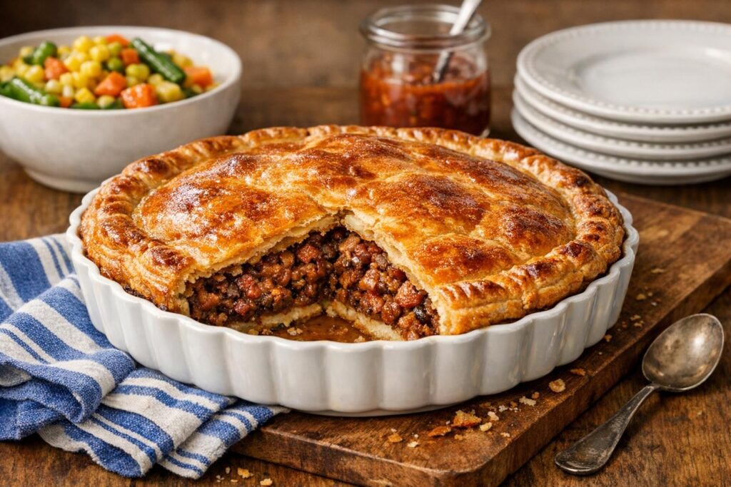 Kødtærte med okse og bacon i butterdej