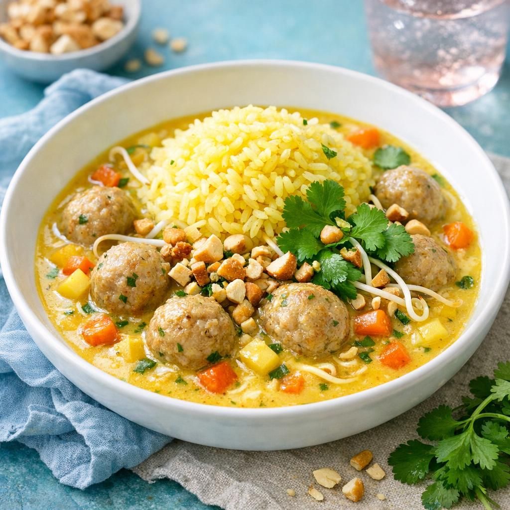 Kødboller i mild kokos-karrysauce med ris