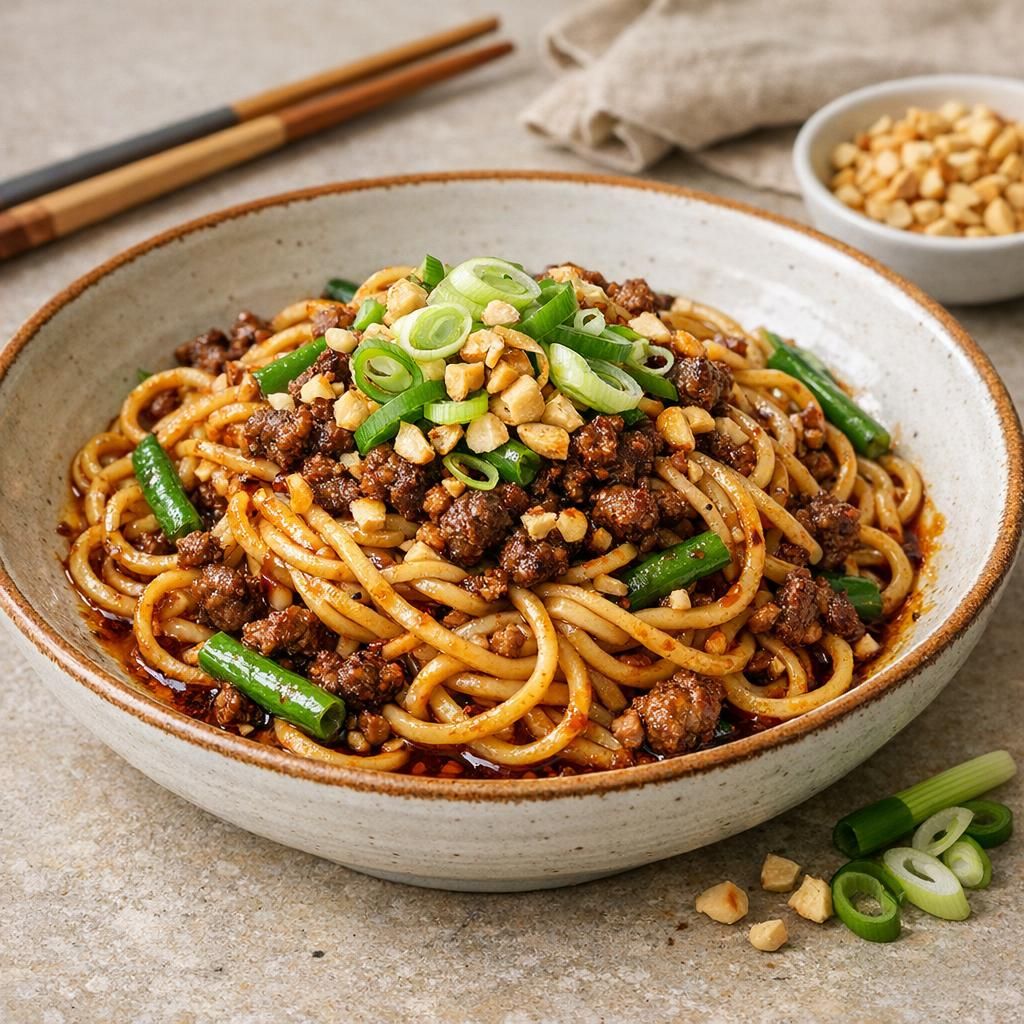 Krydrede nudler med oksekød, chiliolie og grønne bønner