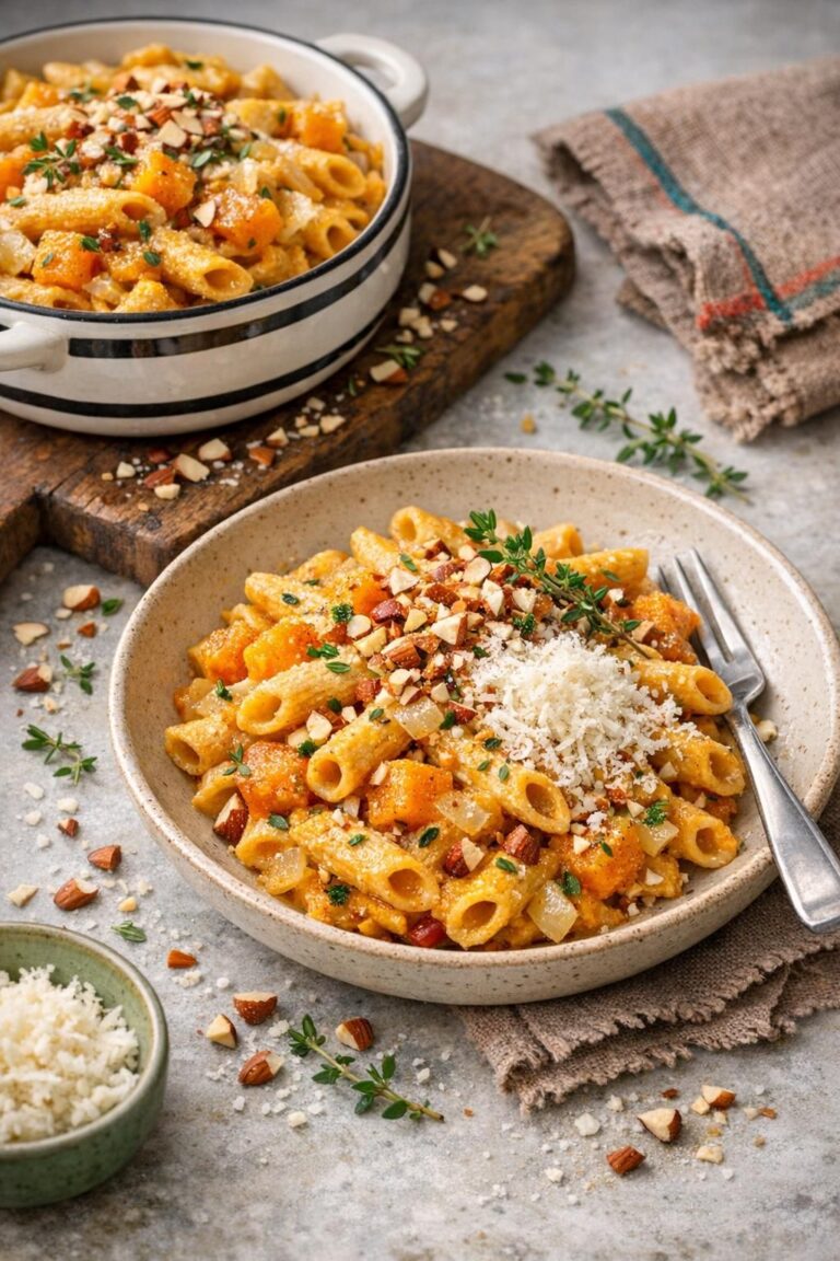 { "alt_text": "Krydret fuldkornspasta i cremet butternutsquash-sauce, toppet med saltede mandler, parmesan og frisk timian i en hvid skål", "file_name": "krydret-fuldkornspasta-med-cremet-butternutsquash-5736" }