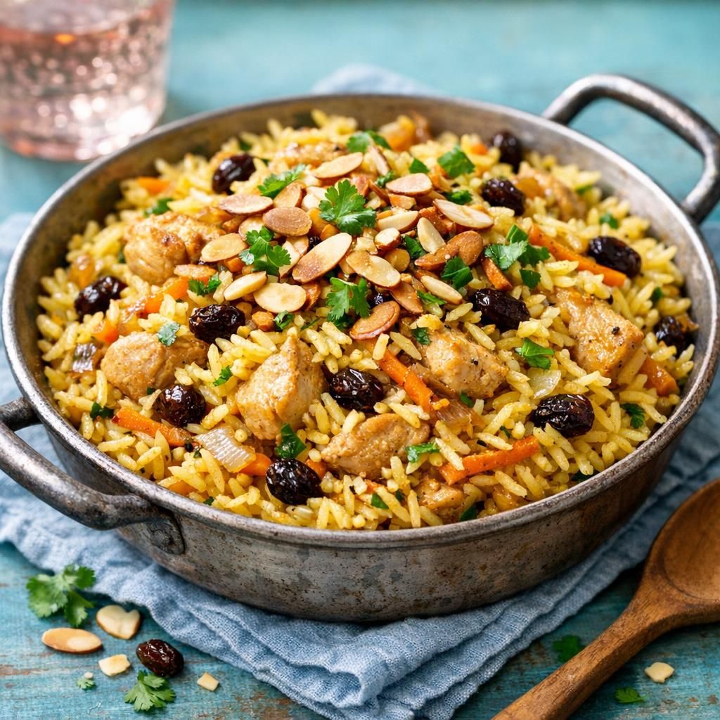 Krydret kyllingebiryani med ris, rosiner og mandler