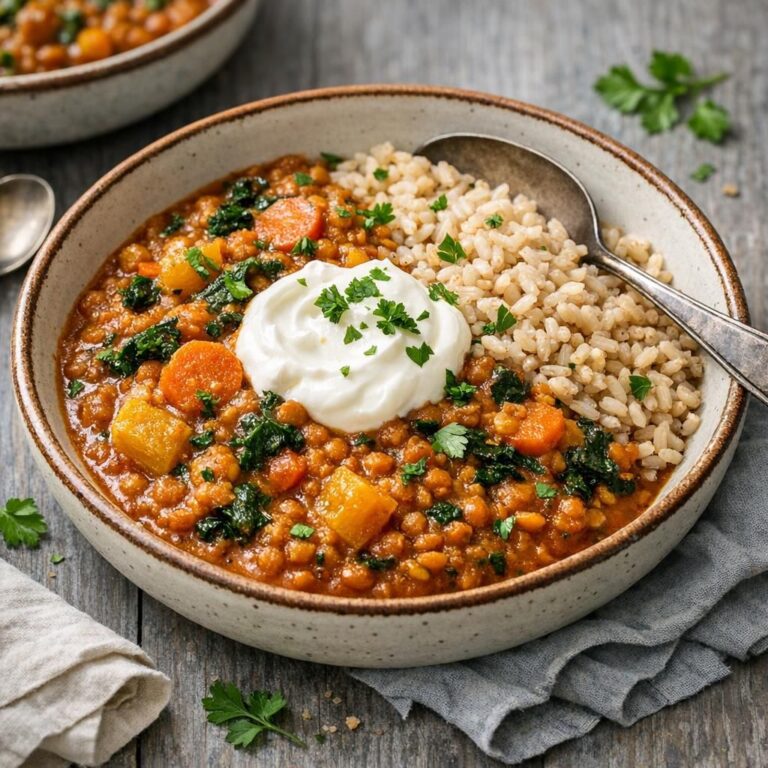 { "alt_text": "Krydret linsegryde med brun ris og yoghurt i en mørk skål; cremet orange-brun sauce med linser, gulerod, tørret mango, grønkål og persille i blødt diffust lys", "file_name": "krydret-linsegryde-med-ris-og-yoghurt-2783" }