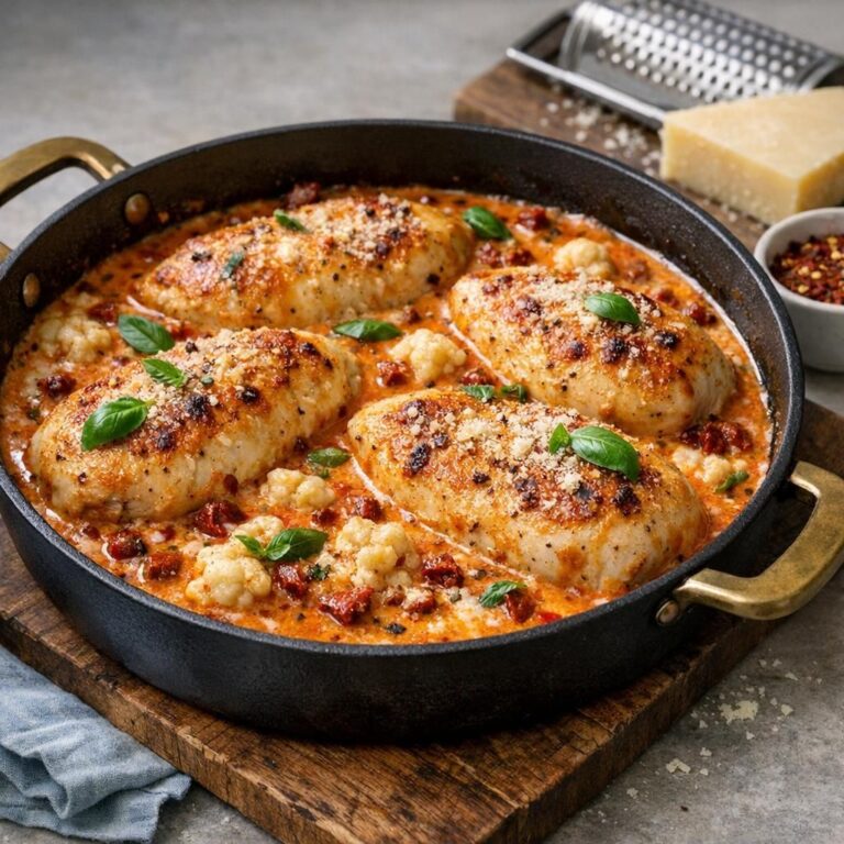 { "alt_text": "Ovnfast pande med gyldent stegte kyllingebryster i cremet tomat-flødesauce, blomkål, soltørret tomat, parmesan og urter", "file_name": "kylling-i-cremet-tomat-flodesauce-med-blomkal-3742" }