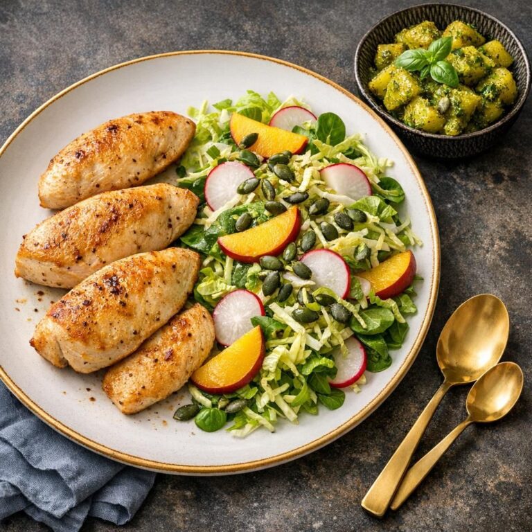 { "alt_text": "Kyllingebryst med gylden stegeskorpe serveret med pesto-kartofler og marineret kål- og salatmix med radiser, nektarin og græskarkerner på hvid rektangulær tallerken", "file_name": "kyllingebryst-med-pesto-kartofler-og-marineret-kal-og-salatmix-4372" }