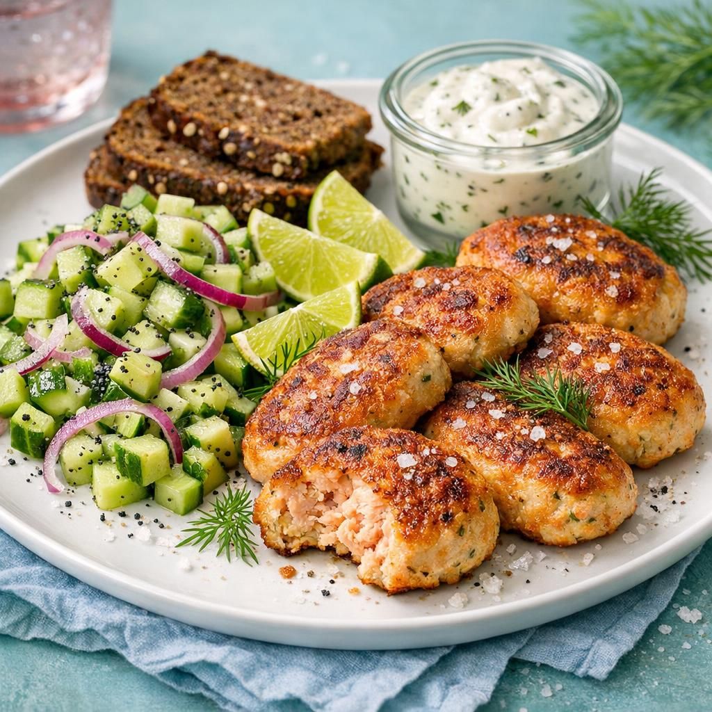 Laksefrikadeller med agurksalat og rygeostcreme