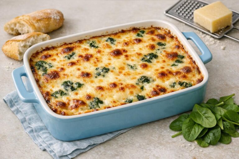 { "alt_text": "Bagt spinatlasagne med ricotta og bechamel i hvidt ovnfad; gylden, let karamelliseret ostetop og synlige lag i et hjørne", "file_name": "lasagne-med-spinat-ricotta-og-bechamel-5831" }
