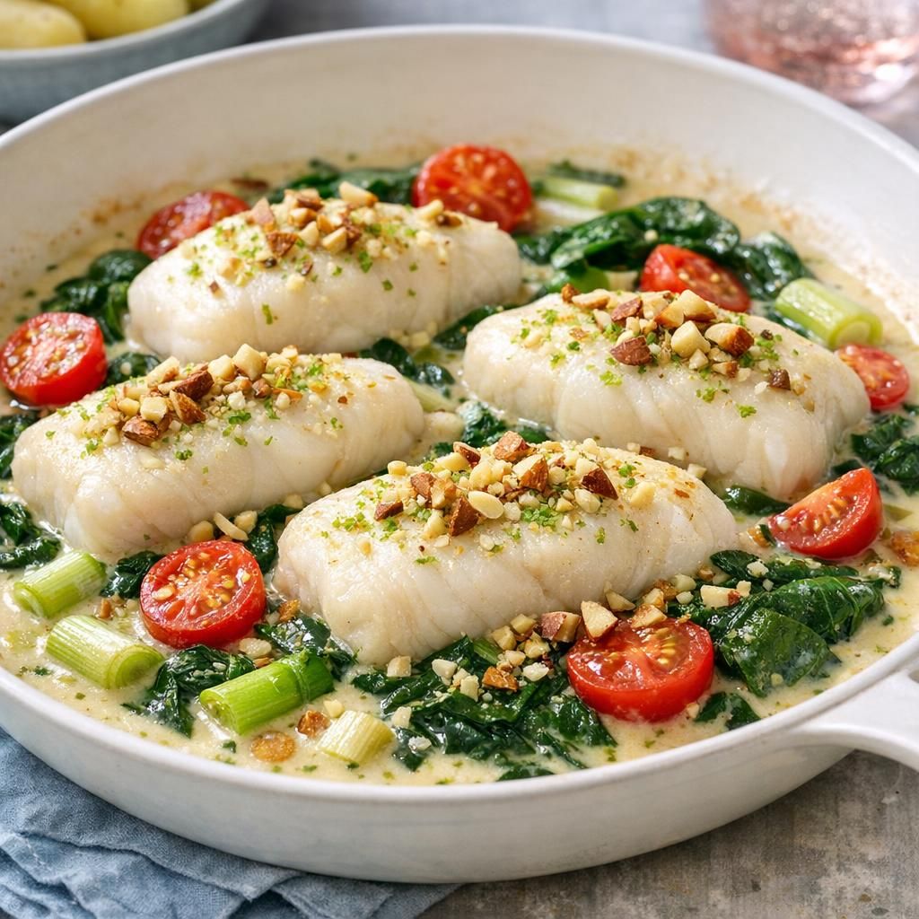 Lyssej i flødesauce med spinat, tomater og forårsløg